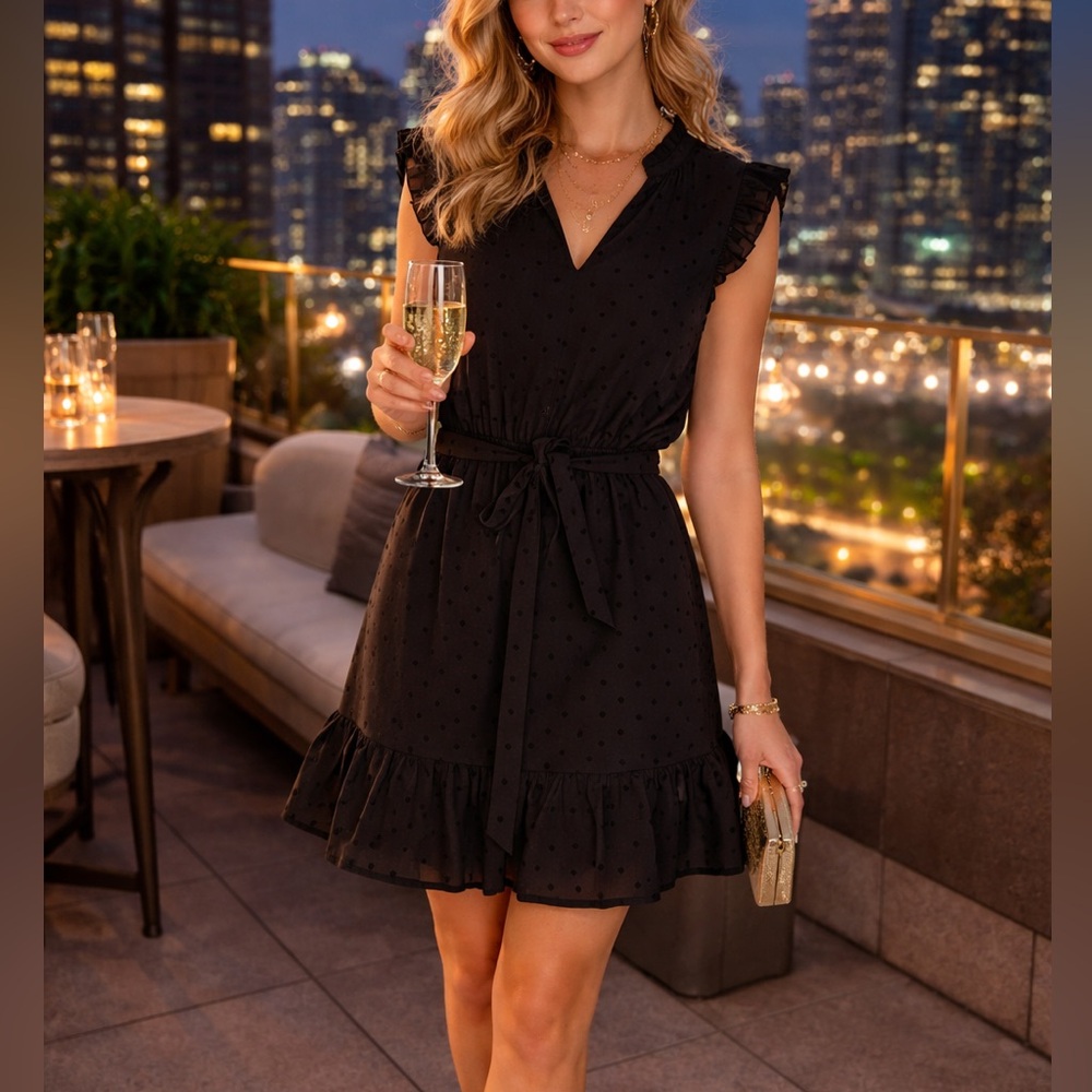 LOFT Elegant Little Black Dress, Ruffle Polka Dot Dress, Size 0P